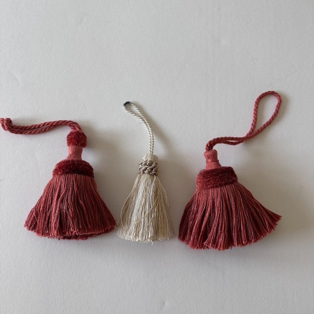 Set of Three Home Decor Tassels in Tuscan Red and Creamy Taupe